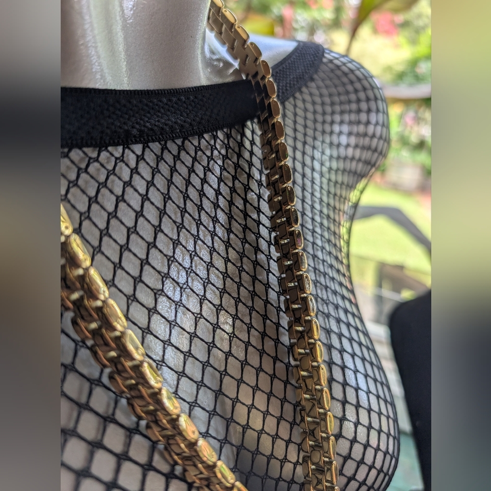 Michael Kors Long Square Link Chain Yellow Gold Tone Metal Thick 3D Leather - Picture 3 of 10